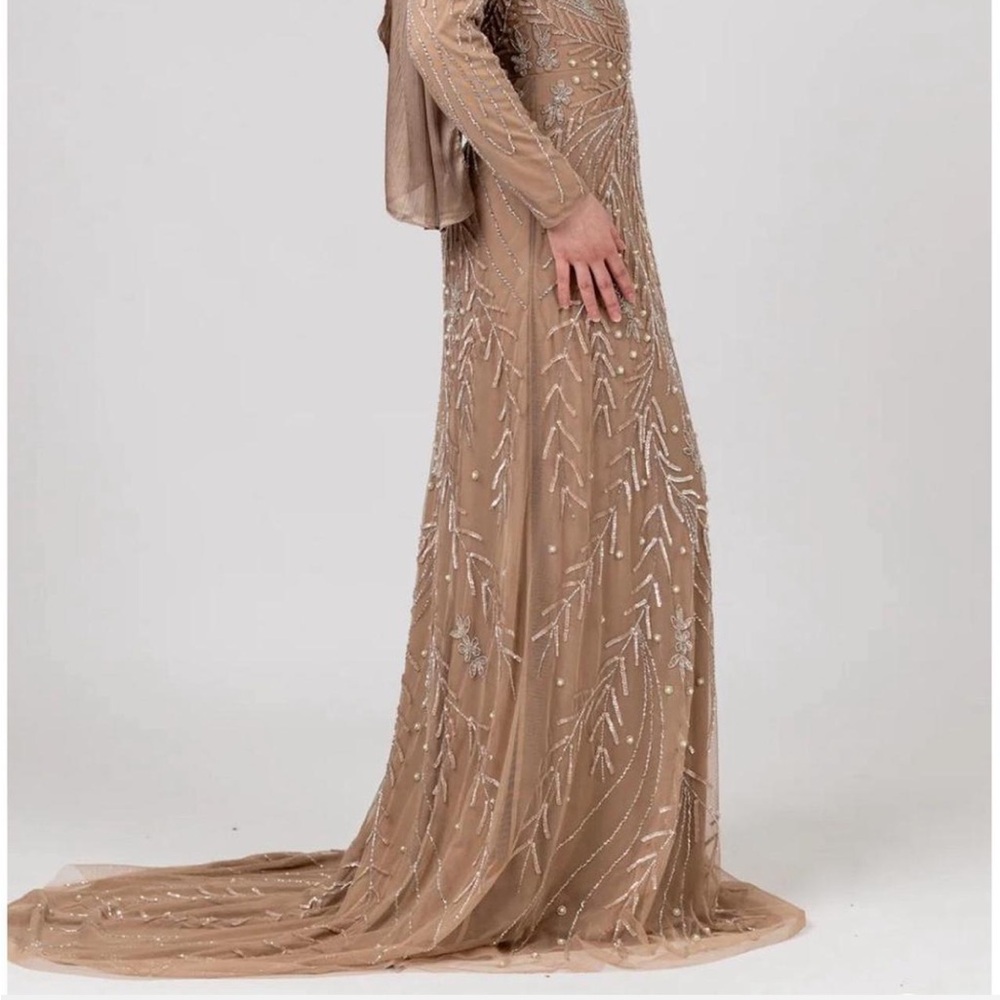 Elegant Tan Beaded Long Sleeve Dress